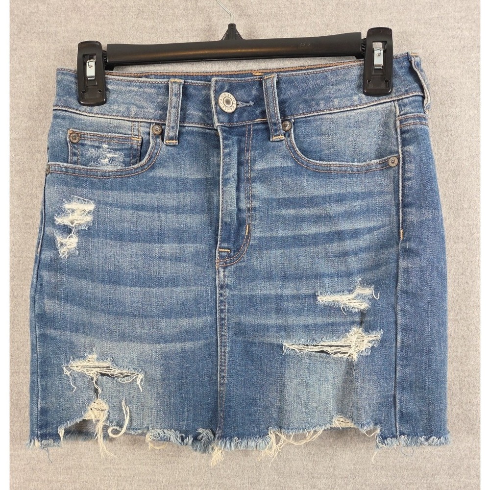 American Eagle Hi Rise Mini Skirt 4 Distressed Raw Hem Denim Super Stretch Boho